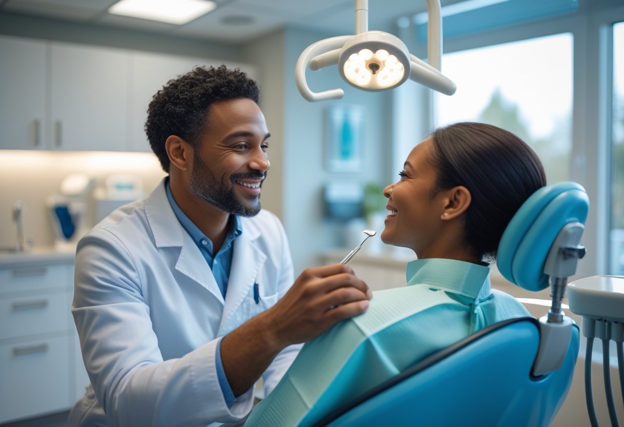 A dentist and patient sharing a warm, friendly moment inside a modern dental clinic.