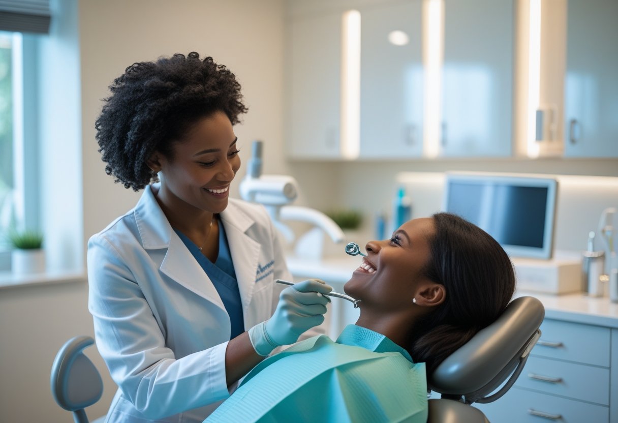 A dental professional warmly interacting with a patient in a modern dental clinic.