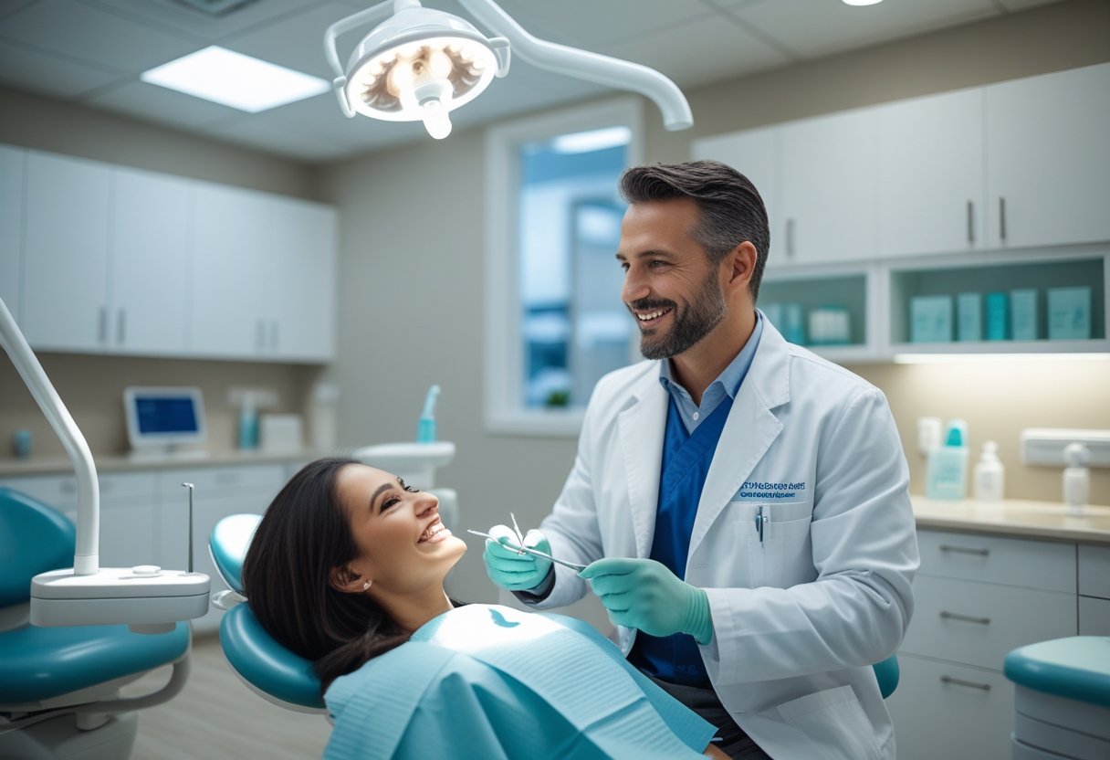 A dentist warmly interacting with a patient in a modern dental clinic.