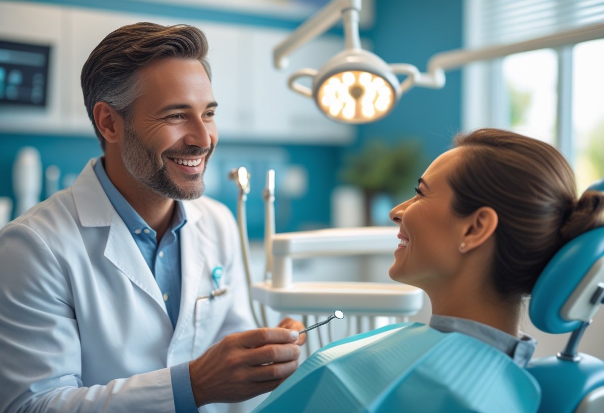 A dentist warmly talking to a patient in a modern dental clinic.
