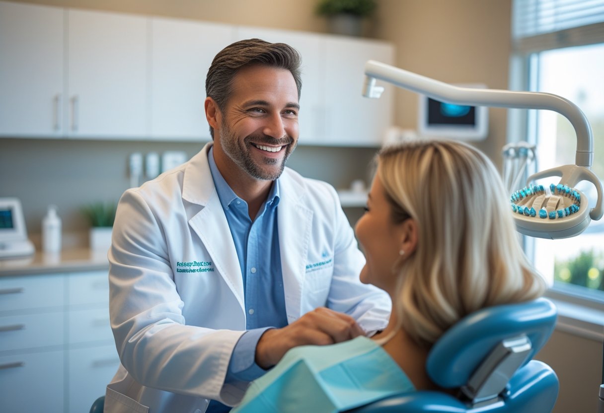 A dentist smiling and interacting with a patient in a modern dental clinic.