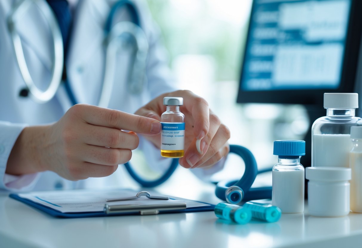 Руки фармацевта, аккуратно держащие флакон с лекарством в аптеке.