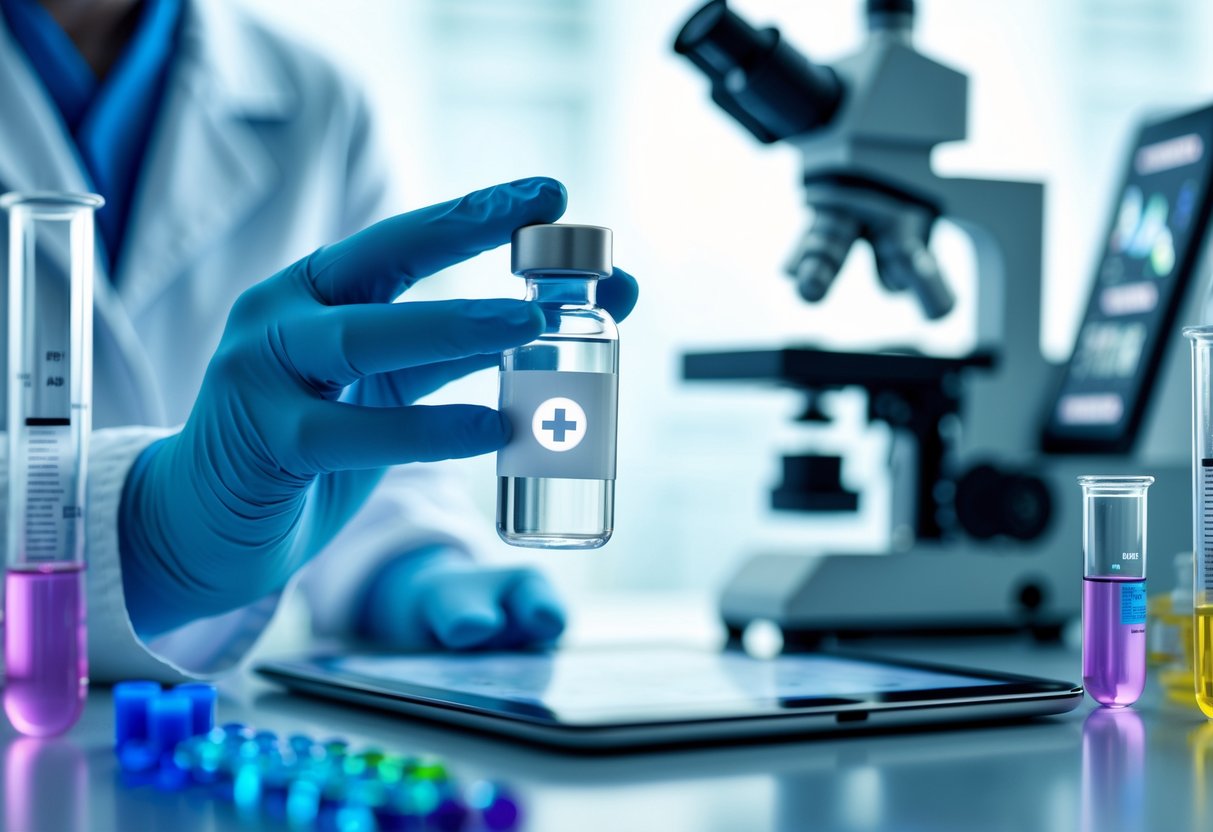 Руки в медицинских перчатках держат пробирку в лаборатории с научным оборудованием на фоне.