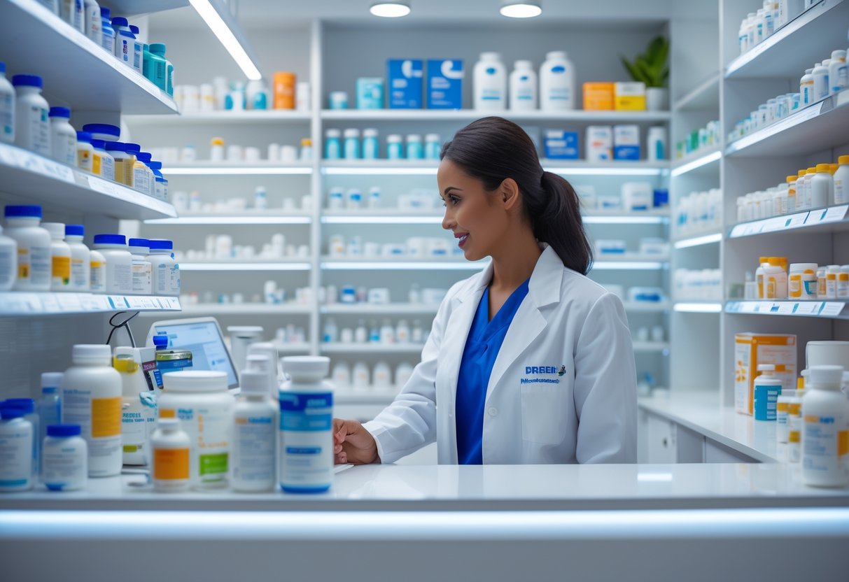 Аптека с фармацевтом в белом халате, помогающим покупателю в современном помещении с полками, заполненными медицинскими товарами.