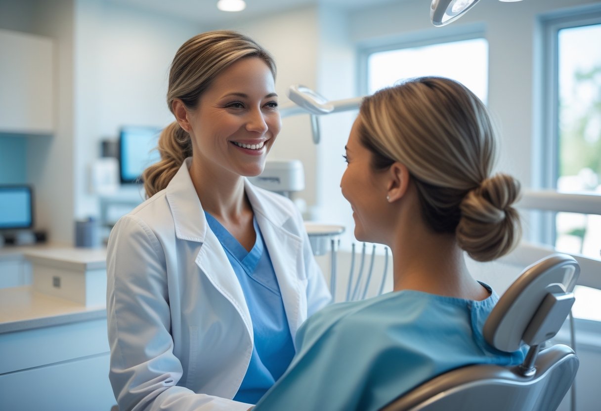 A dentist warmly interacting with a patient in a modern dental clinic.