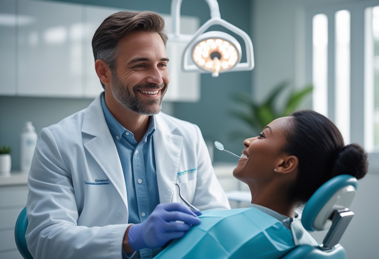 A dentist warmly interacting with a patient in a modern dental clinic.
