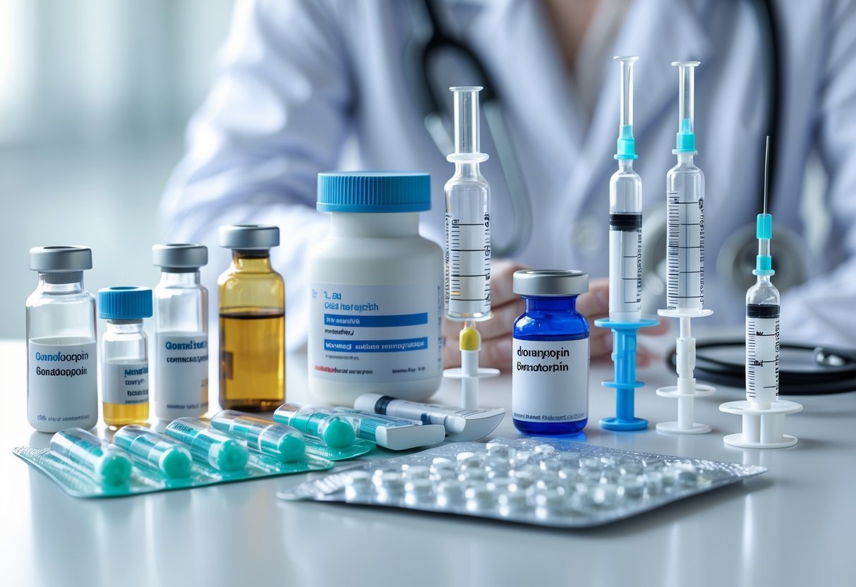 Различные виды медицинских дозировок и упаковок с лекарствами на белом столе в клинической обстановке.