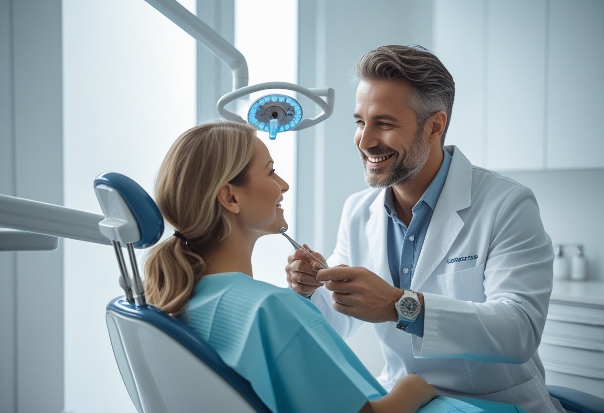 A dentist warmly interacting with a patient in a modern dental clinic.
