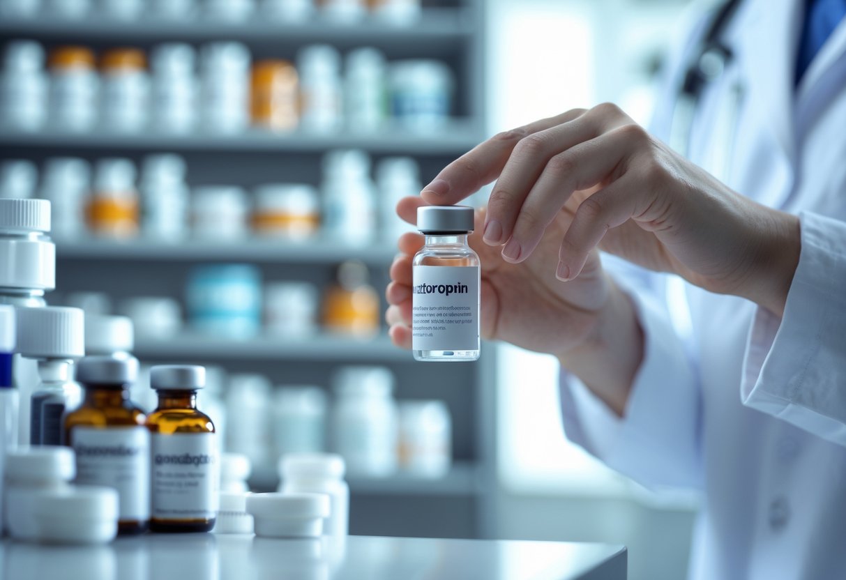 Фармацевт в белом халате держит медицинский флакон на фоне аптечных полок.