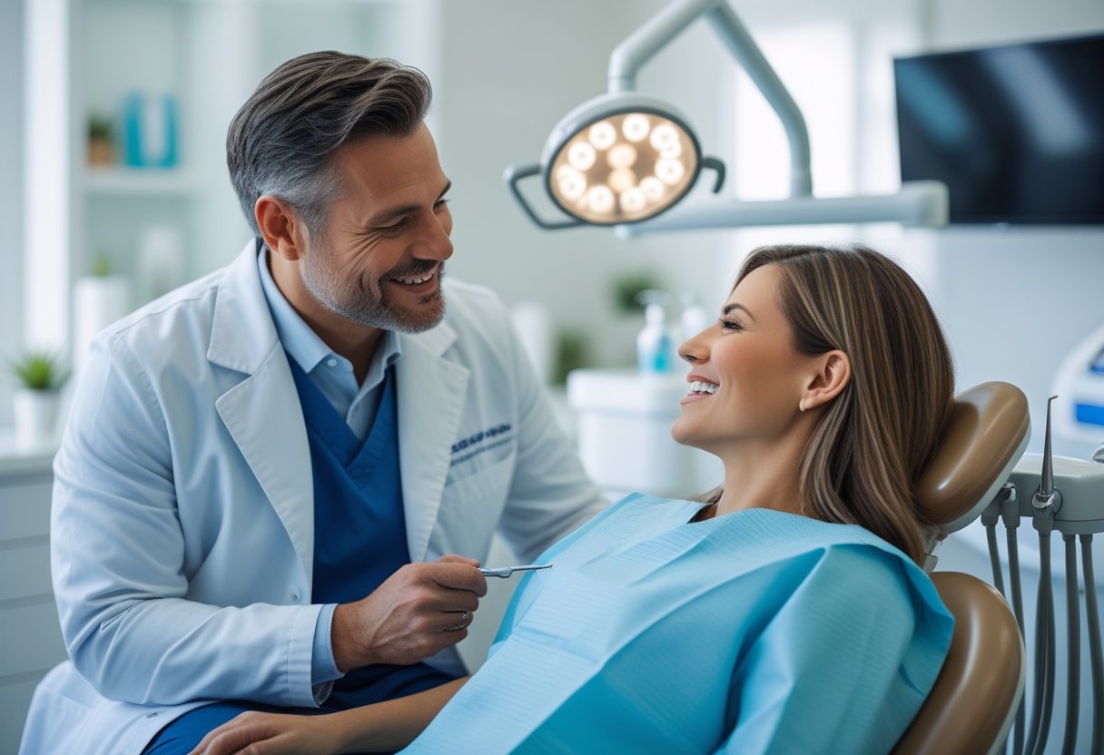 A dentist in a white coat warmly talking to a patient seated in a dental chair inside a modern dental clinic.