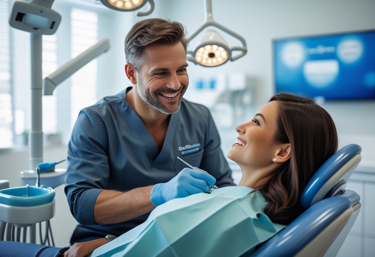 A dentist warmly talking to a patient inside a modern dental clinic.