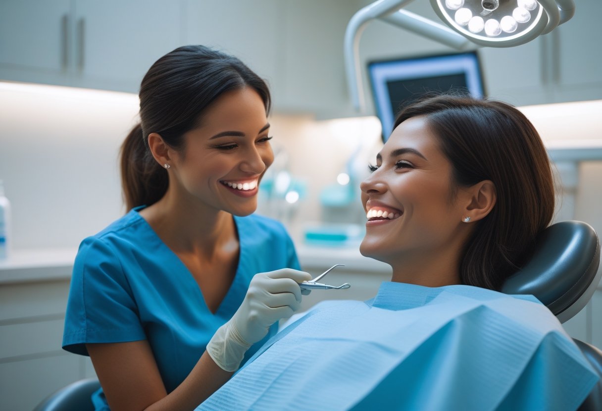 A dentist and patient smiling together in a modern dental clinic.