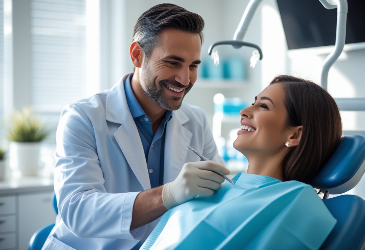 A dentist in a modern dental clinic smiling and interacting with a patient during a dental treatment.