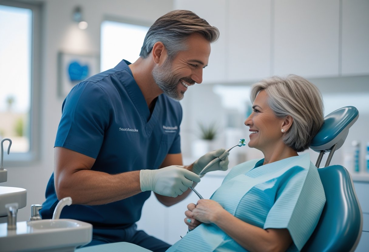 A dentist warmly talking with a patient in a modern dental clinic.