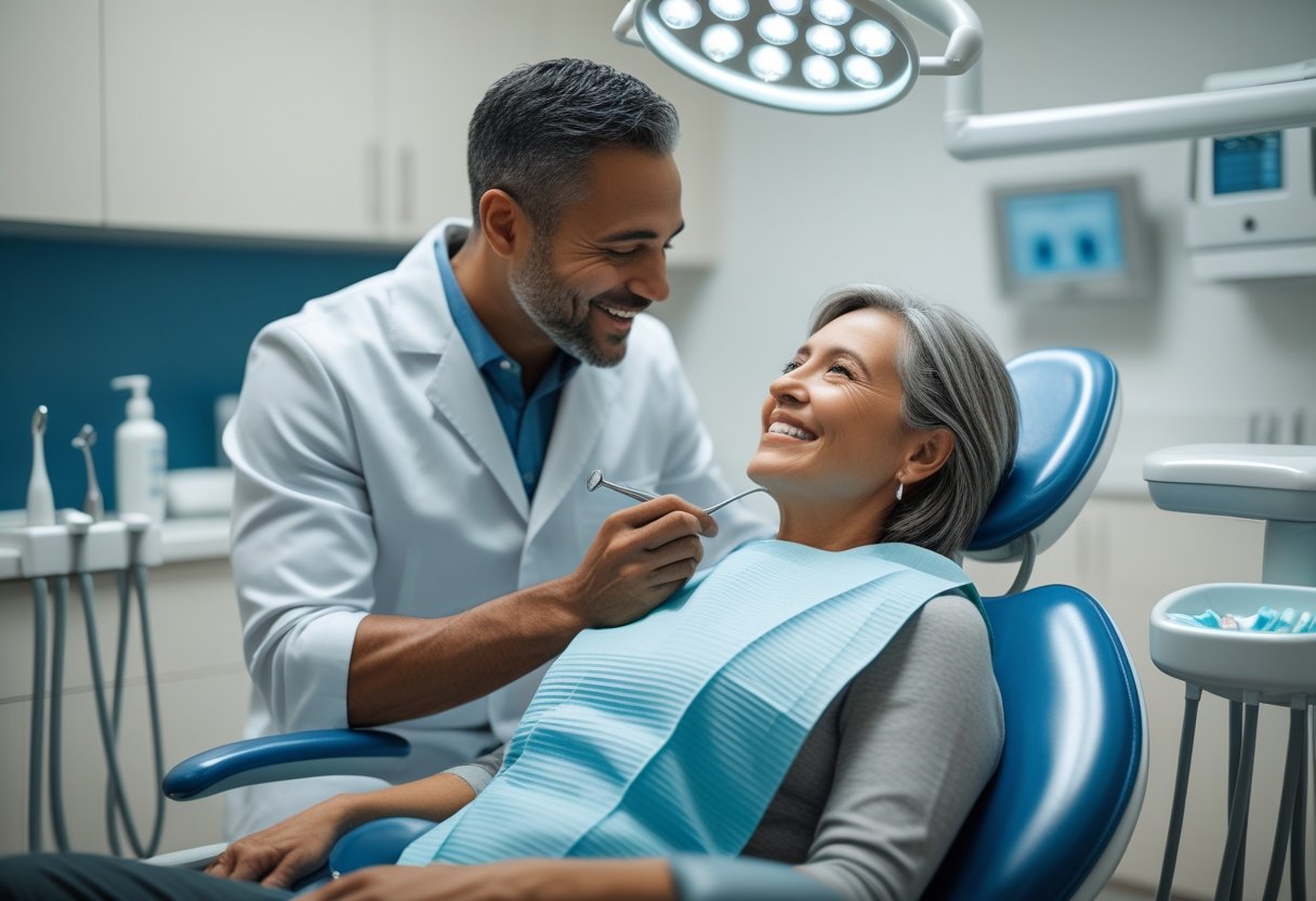 A dentist talking with a patient in a modern dental clinic, both smiling and engaged in conversation.
