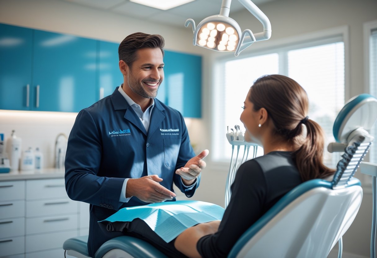 A dental implant specialist talking with a patient inside a modern dental clinic.
