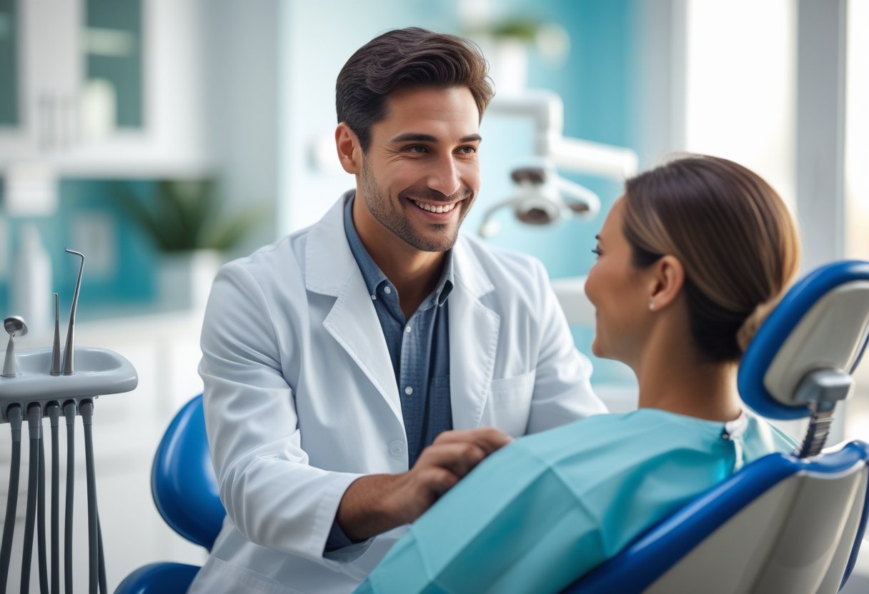 A dentist warmly interacting with a patient in a modern dental clinic.