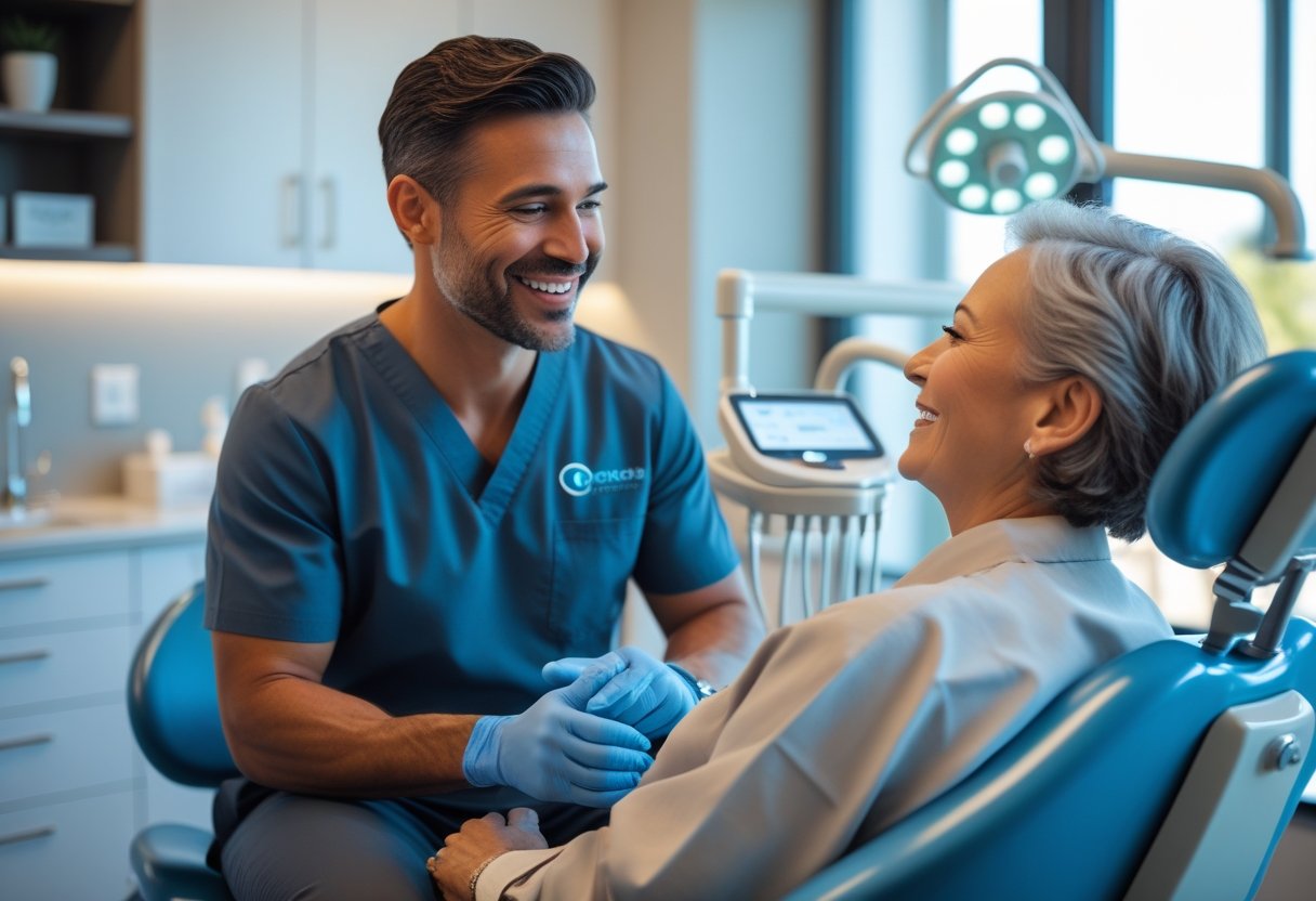 A dentist and patient smiling at each other in a modern dental clinic.