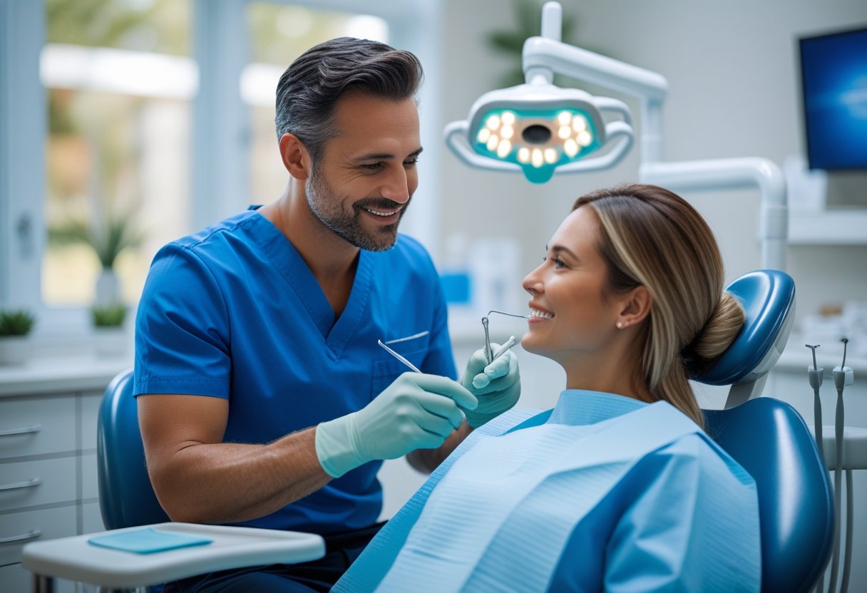 A dentist examining a patient in a modern dental clinic during a dental crown appointment.