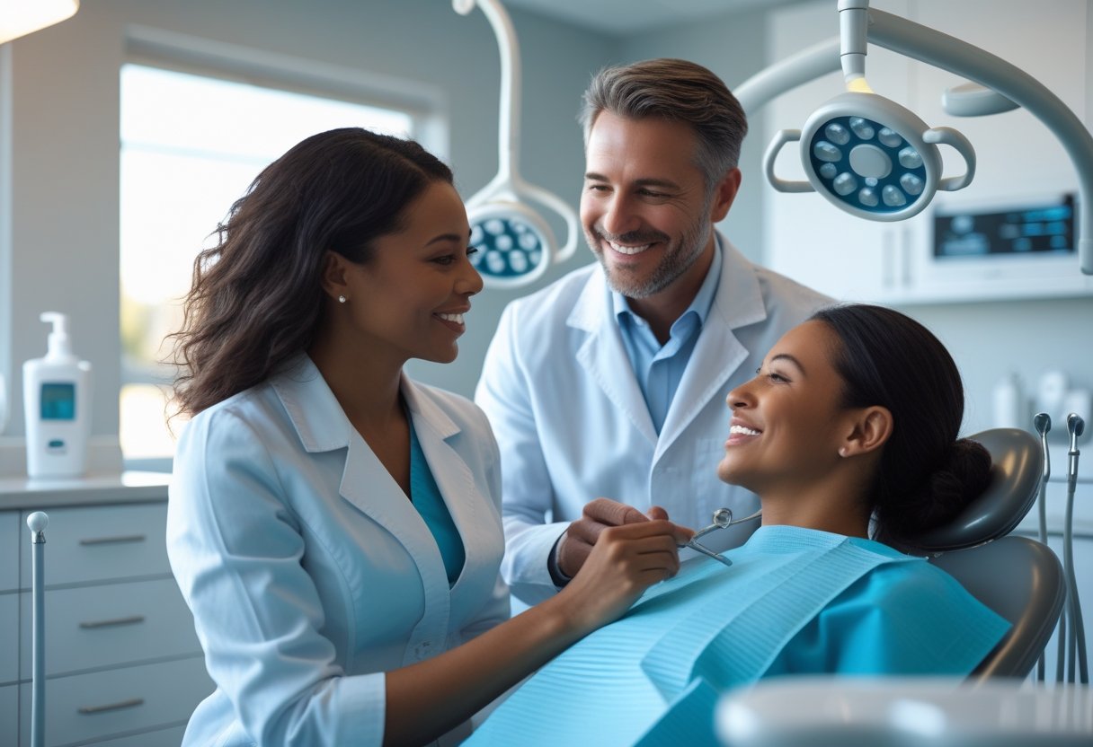 A dentist warmly interacting with a patient in a modern dental clinic.