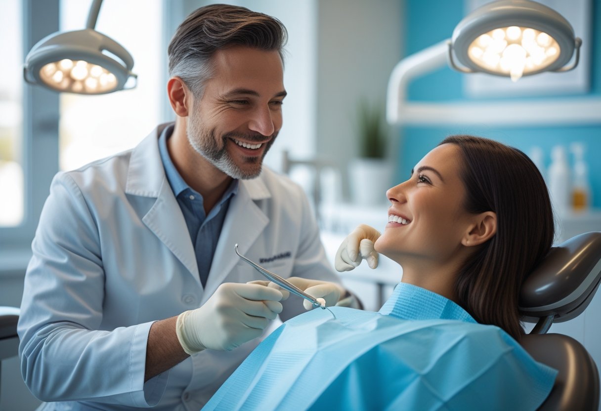 A dentist in a white coat smiling and talking to a patient in a dental chair inside a modern clinic.