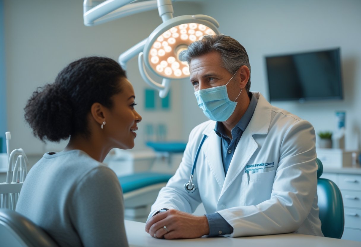 An oral surgeon and a patient in a modern dental clinic discussing treatment options.