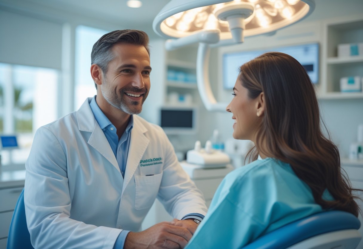 An oral surgeon consulting with a patient in a modern dental clinic, both engaged in a warm and friendly discussion.