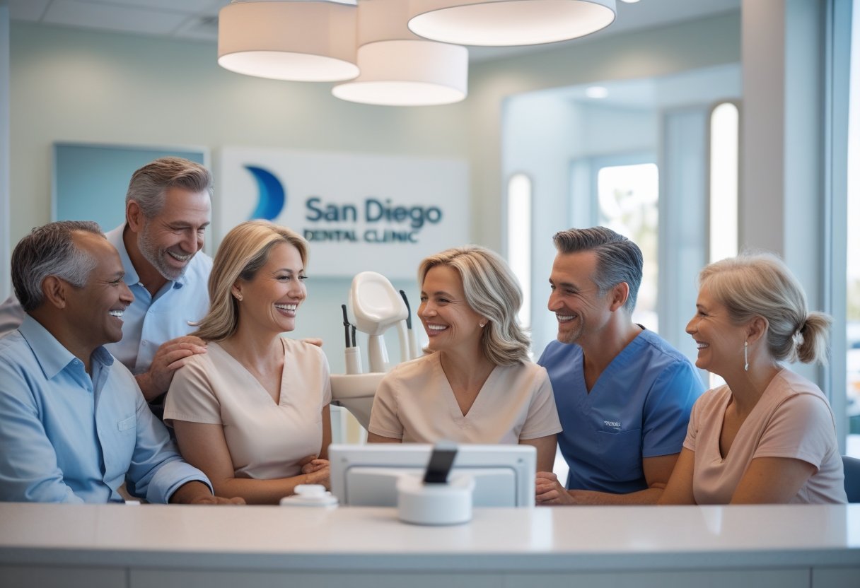 A dentist consulting with smiling adult patients in a modern dental clinic.