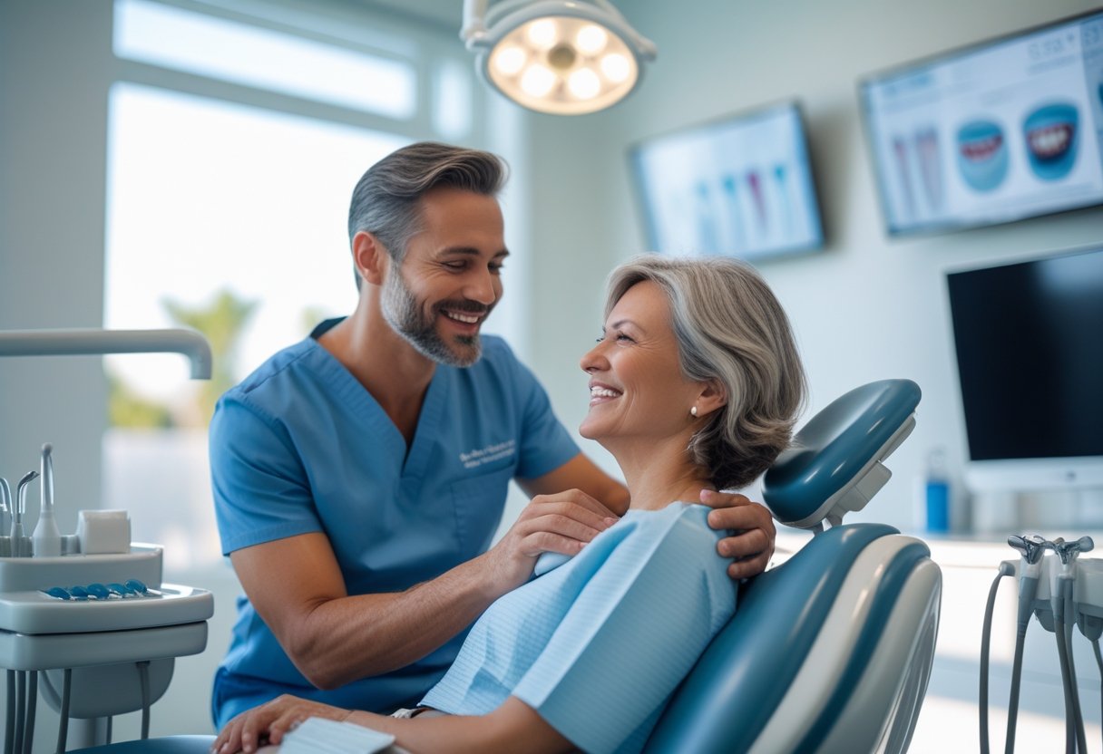 A dental professional smiling and consulting with a patient inside a modern dental clinic.