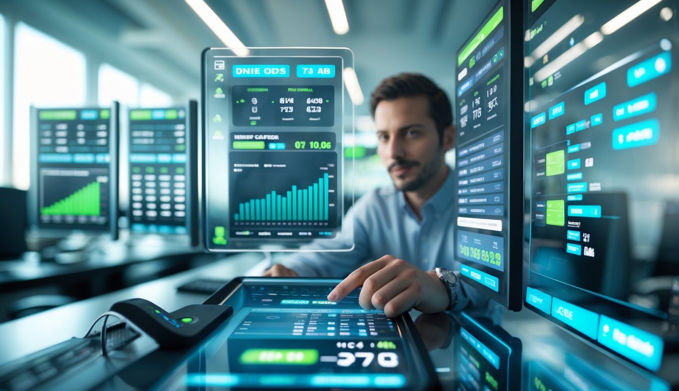 Seseorang menggunakan layar sentuh dengan tampilan angka dan grafik taruhan olahraga secara real-time di lingkungan kantor teknologi.