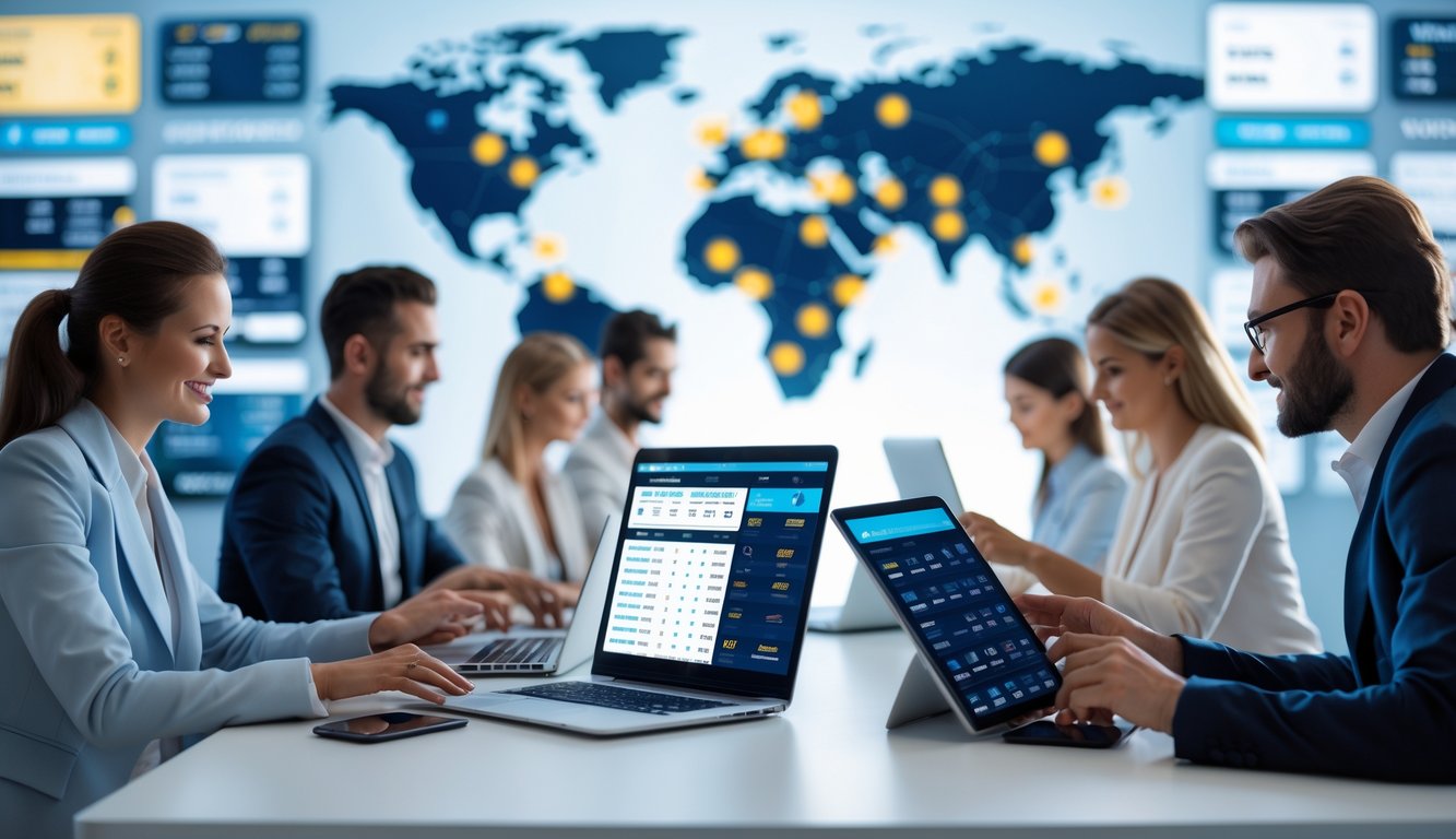 Orang-orang menggunakan perangkat digital untuk taruhan online dengan latar belakang peta dunia dan jaringan digital.