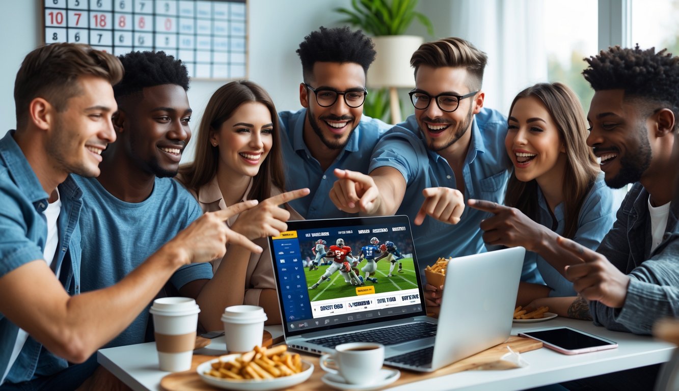 Sekelompok orang muda yang sedang berkumpul dan menggunakan laptop serta ponsel untuk bertaruh olahraga secara online di ruang tamu yang nyaman.