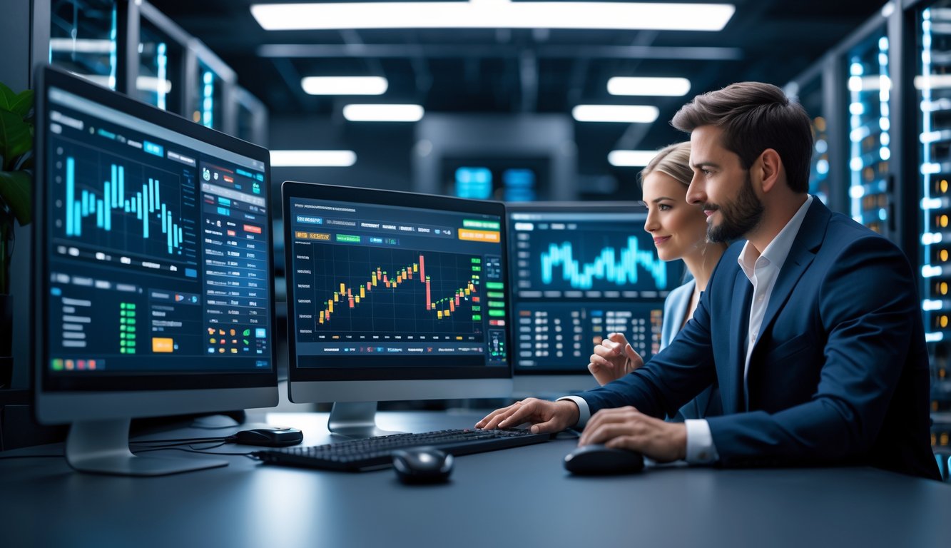 Seorang pria dan wanita bekerja bersama di kantor modern dengan beberapa layar komputer dan server di latar belakang.