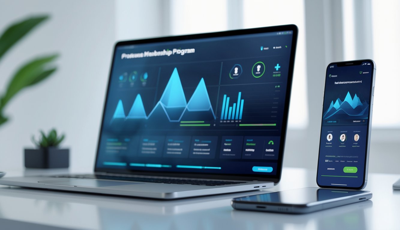 Meja kerja dengan laptop dan ponsel menampilkan antarmuka digital yang menggambarkan program keanggotaan berjenjang online.