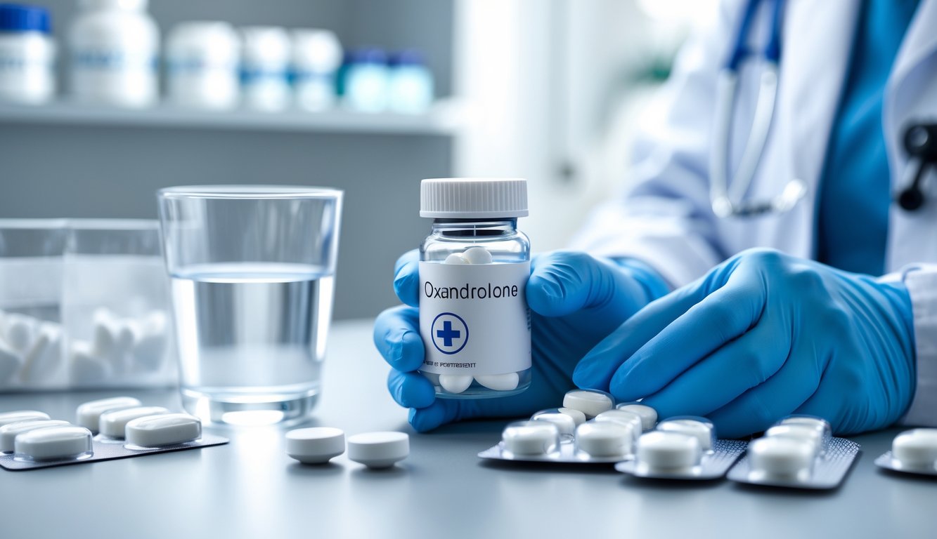 Руки медицинского работника в перчатках держат бутылочку с таблетками рядом с блистером и стаканом воды на фоне аптечной полки.