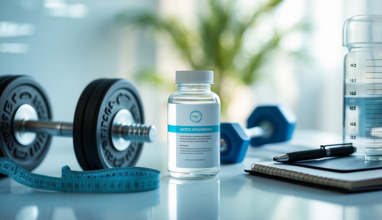 Бутылка с прозрачной жидкостью на белом столе рядом с гантелями, рулеткой и блокнотом в спортивной обстановке.