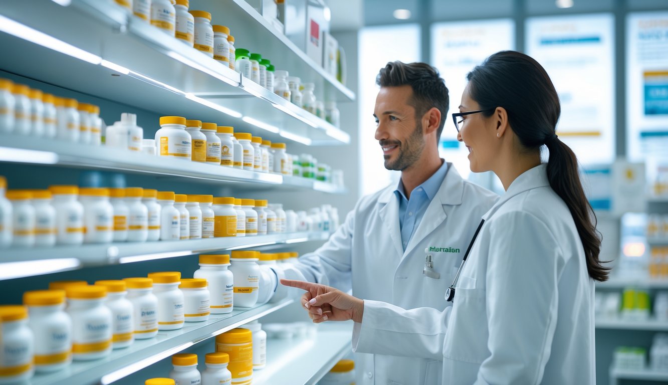Аптека с фармацевтом, который помогает покупателю выбрать медицинские препараты на полках.