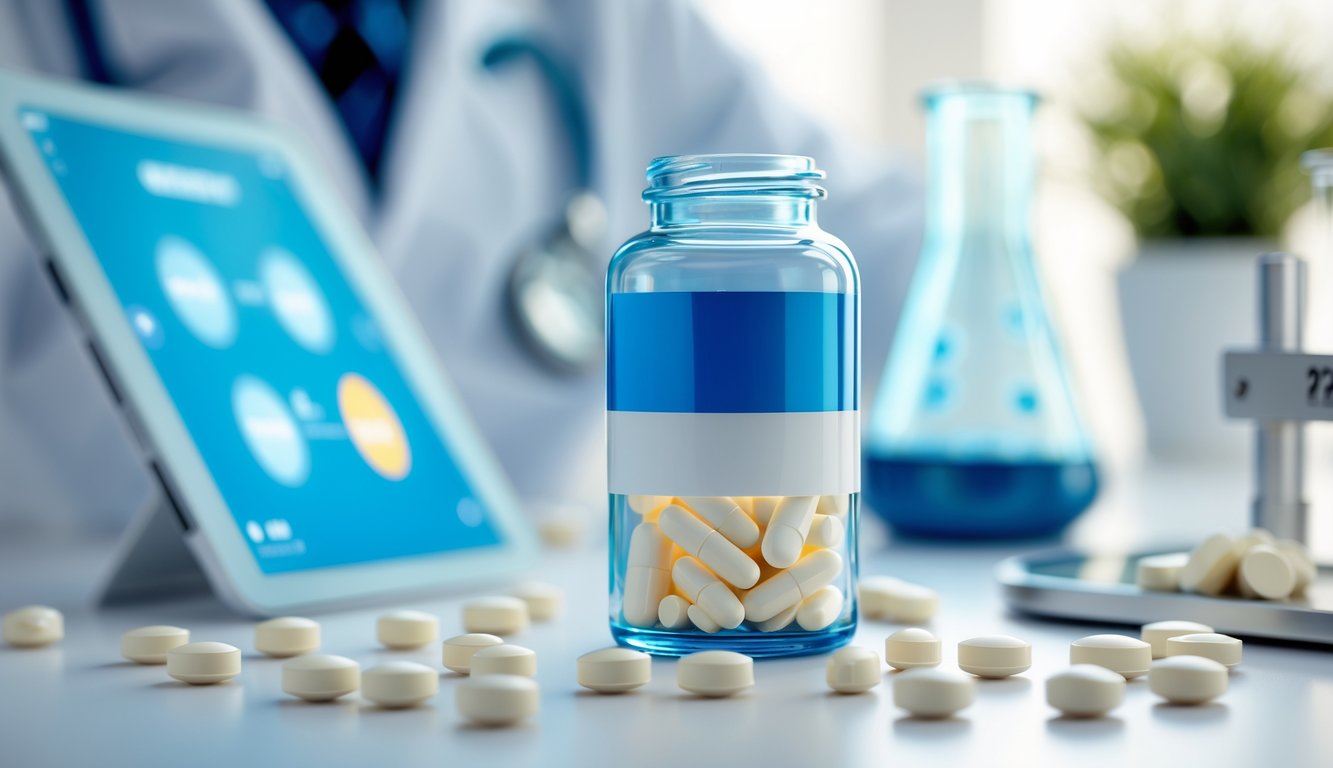Бутылка с таблетками и цифровое устройство на белом столе в медицинской обстановке.