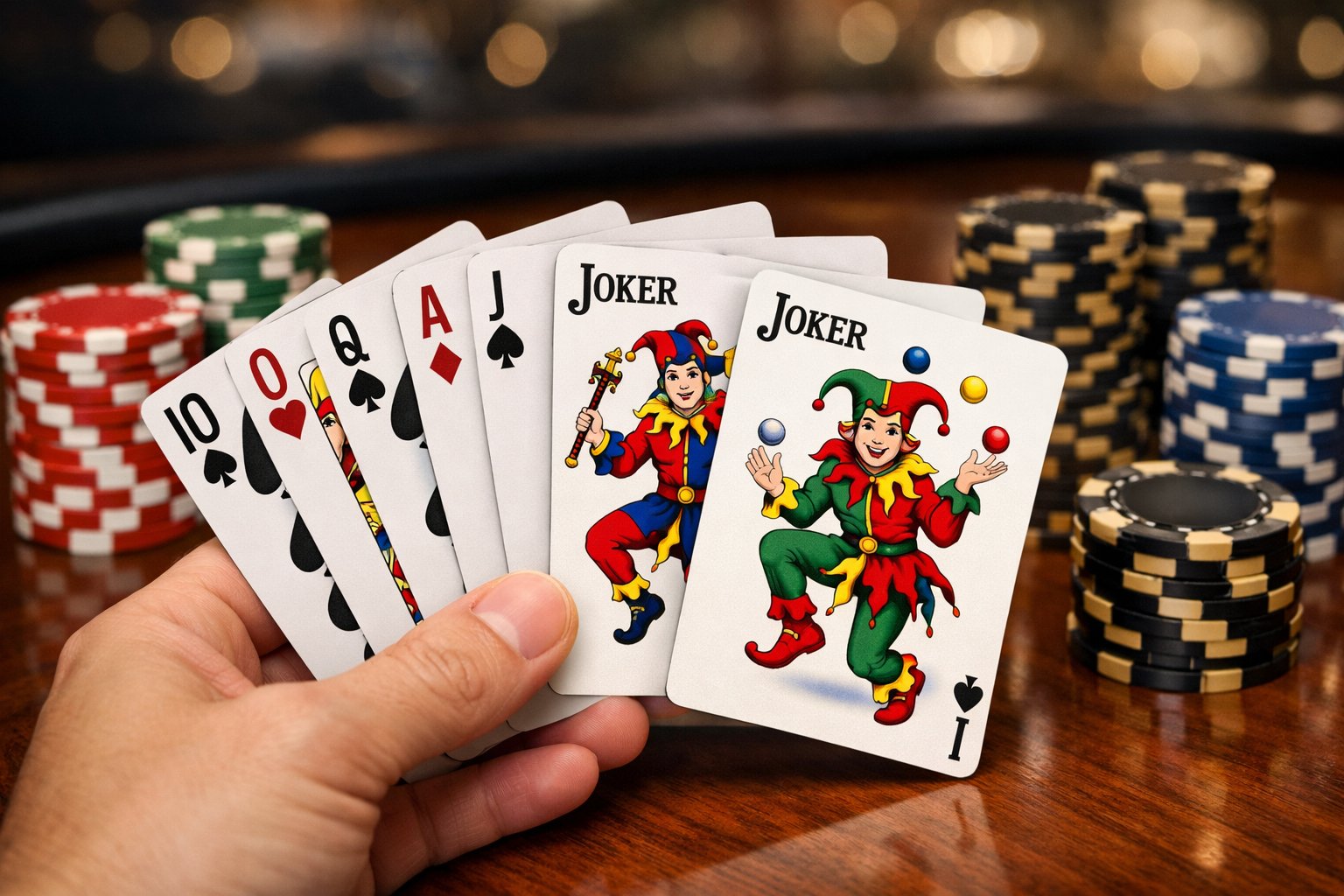 A hand holding playing cards including two Joker cards over a poker table with poker chips nearby.