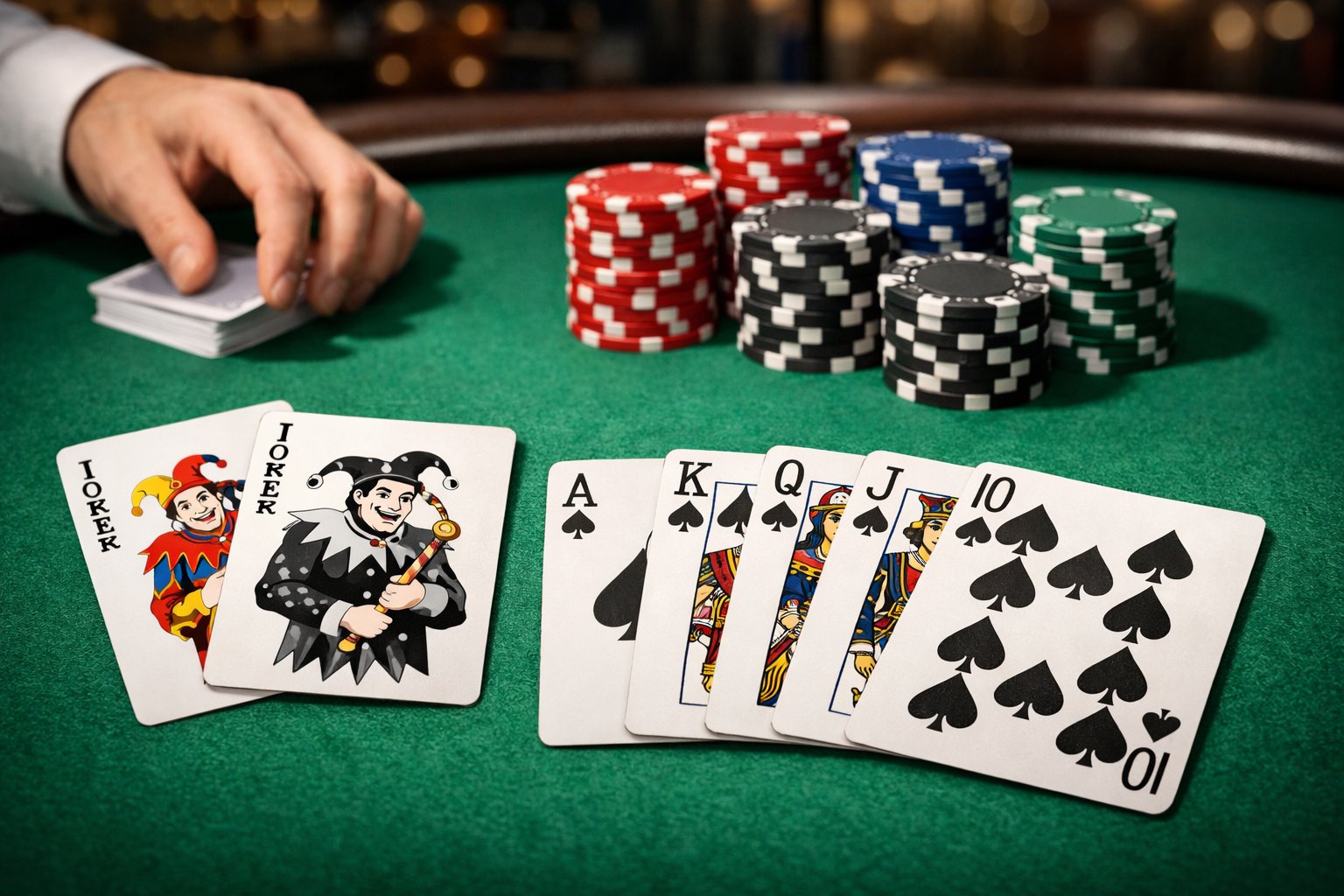 A poker table with playing cards showing two joker cards and poker chips stacked, with a dealer's hand dealing cards.