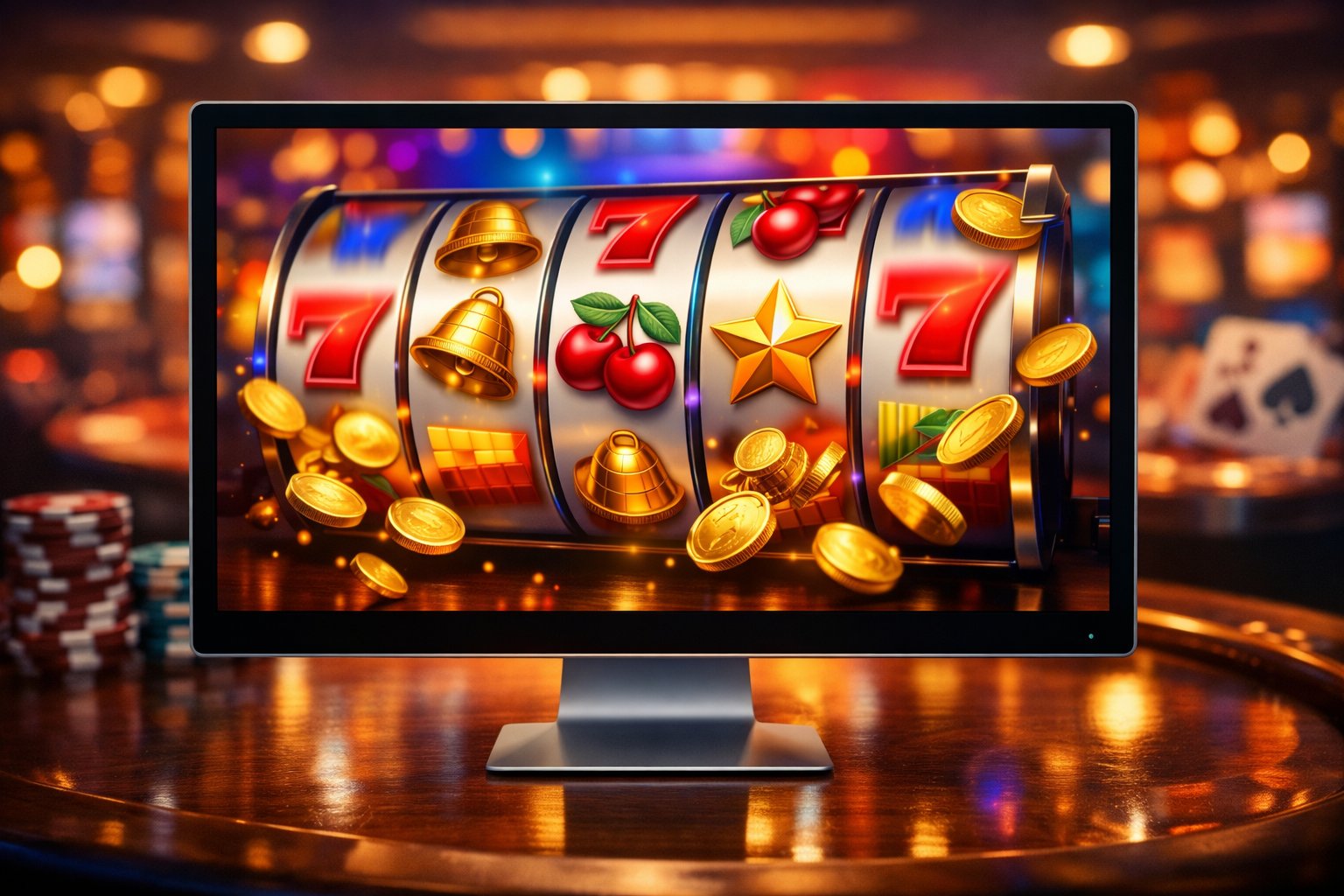 A computer screen displaying a colorful online slot game with spinning reels and classic symbols in a casino setting.