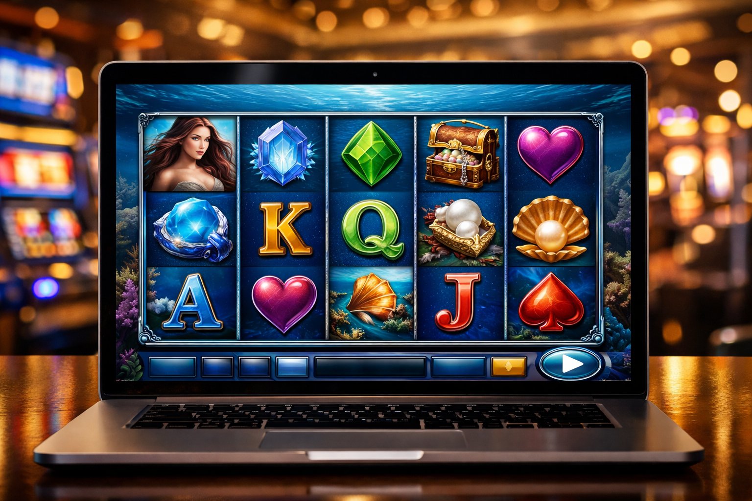 A computer screen showing a colorful online casino slot game with mystical symbols and a luxurious casino background.