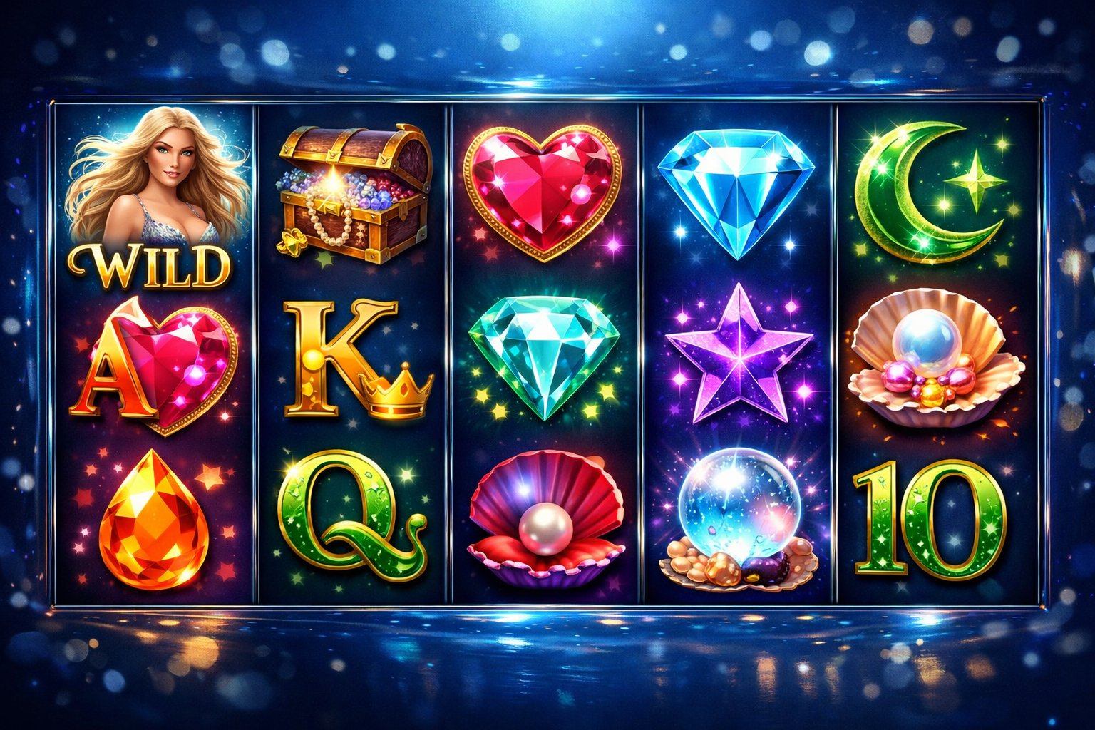 A close-up of a colorful online casino slot game screen showing various bright symbols and special features on spinning reels.