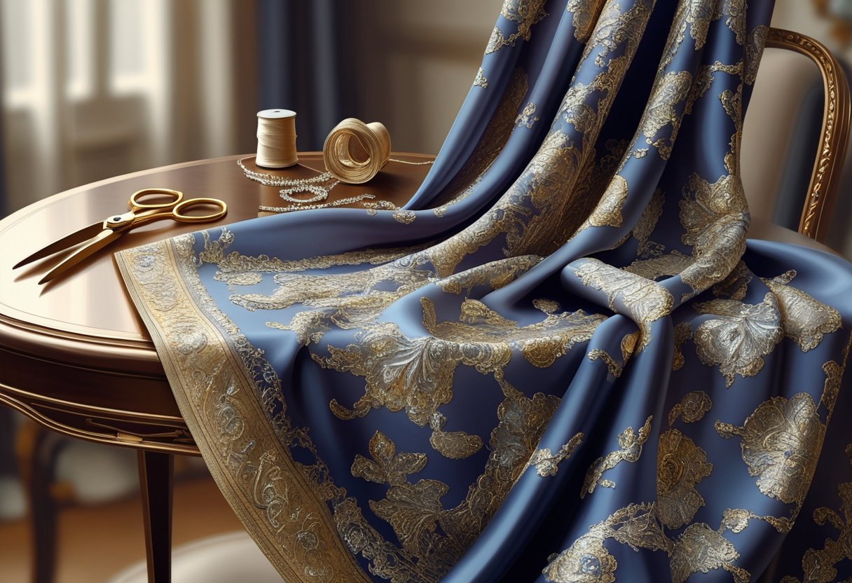 A luxurious piece of richly patterned fabric with gold and silver threads draped on a wooden table, surrounded by sewing tools and a jewelry box.