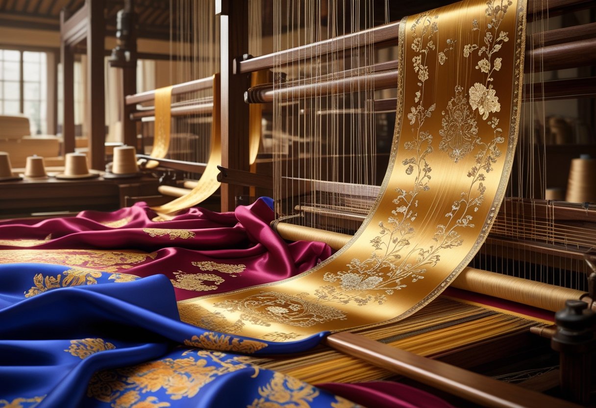 A detailed scene of artisans weaving luxurious silk fabric on traditional wooden looms, surrounded by rich silk threads and intricate patterns.