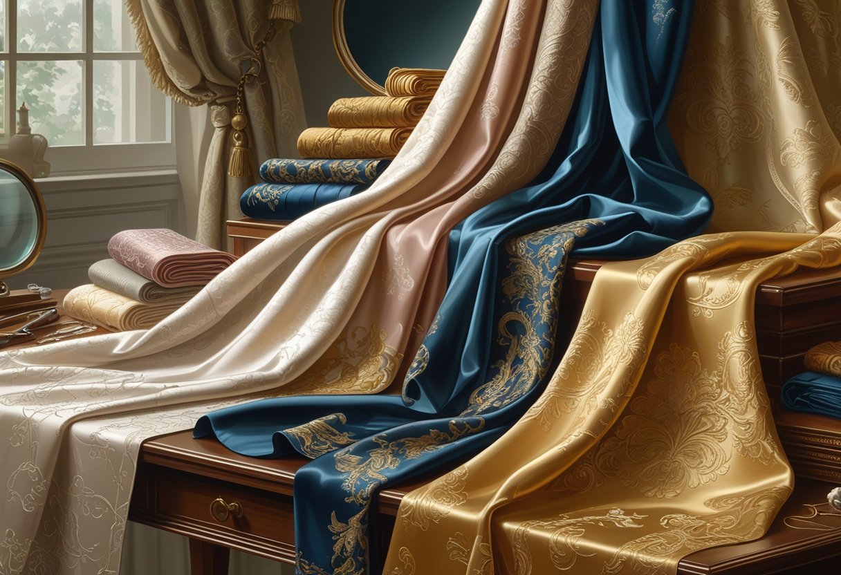 A display of various rare and expensive fabrics arranged on a wooden table, featuring silk, cashmere, velvet, and golden brocade with sewing tools nearby.