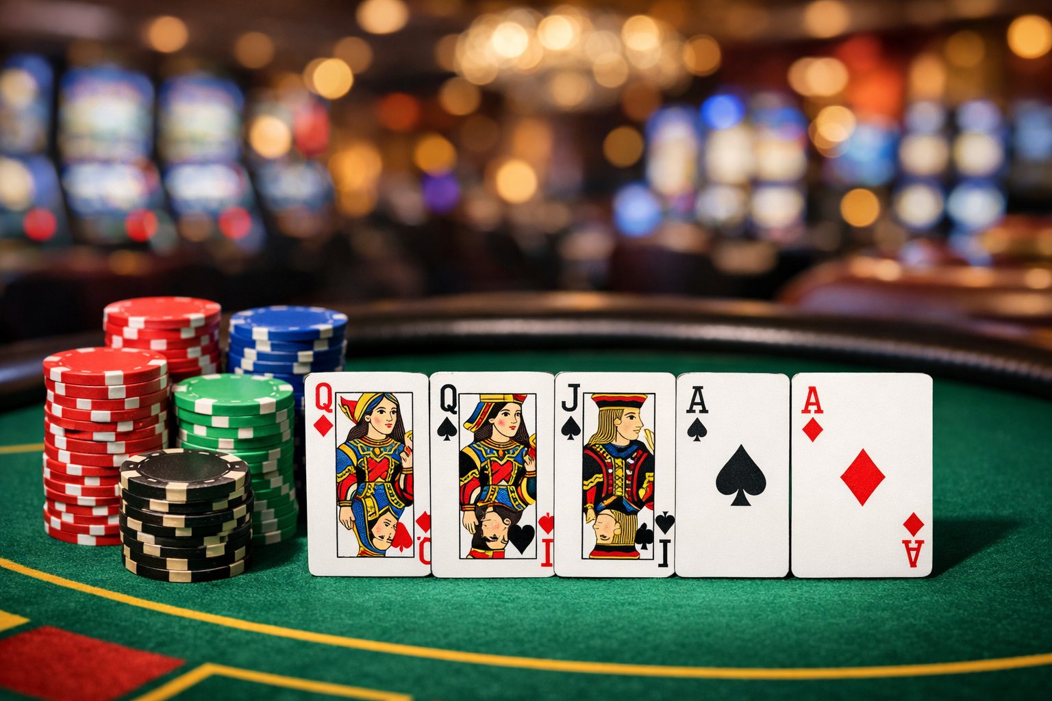 Poker table with playing cards and poker chips arranged for a game, set in a casino environment.