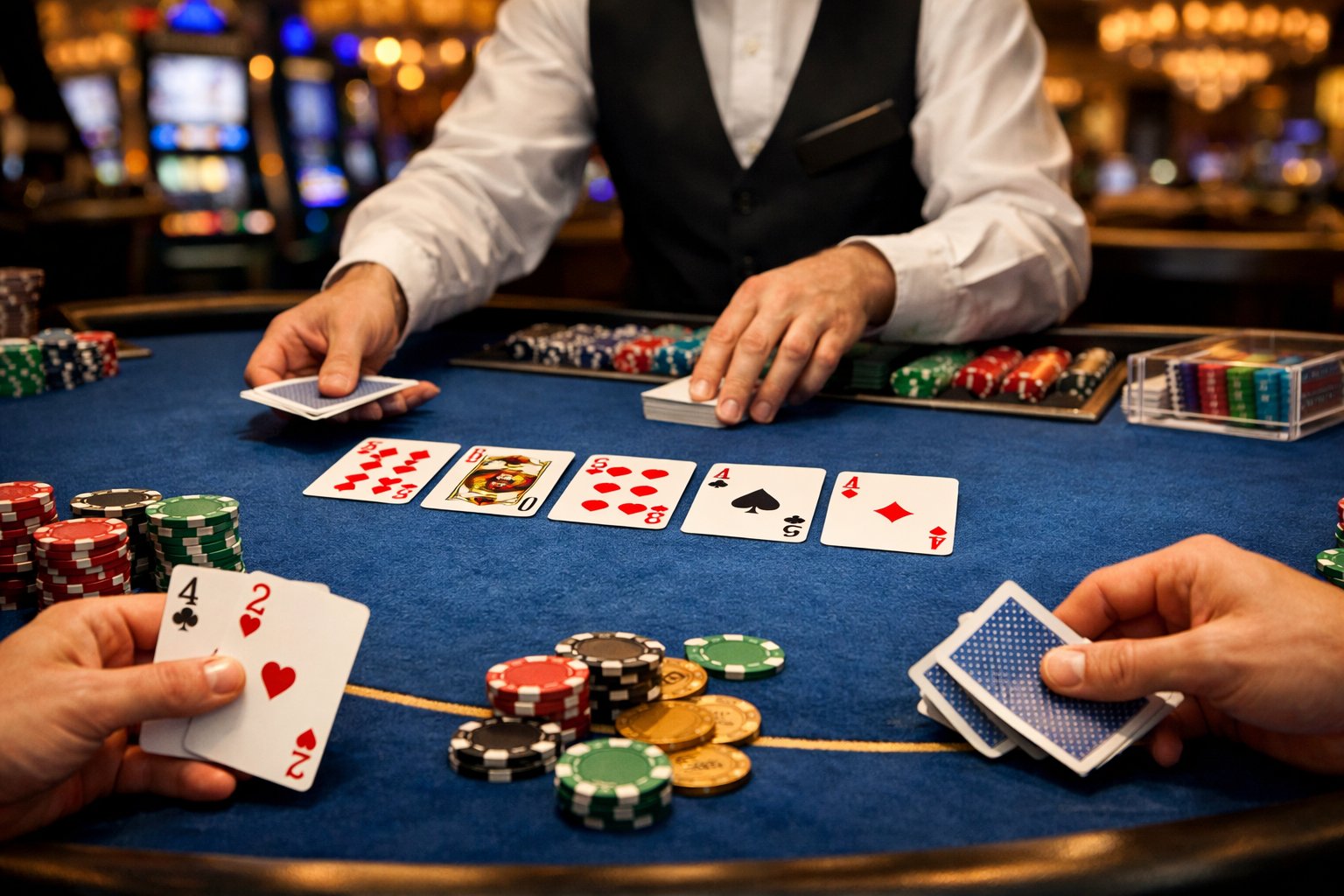 A poker table with cards and chips being dealt by a dealer in a casino setting.