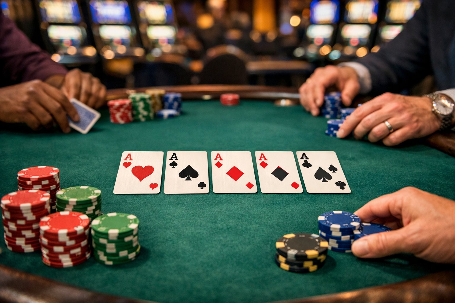 Poker table with playing cards and poker chips, with players' hands reaching in a casino setting.