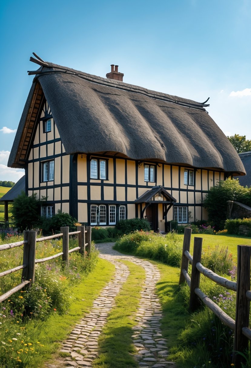 A medieval farmhouse with a thatched roof surrounded by greenery and wildflowers in a rural setting.
